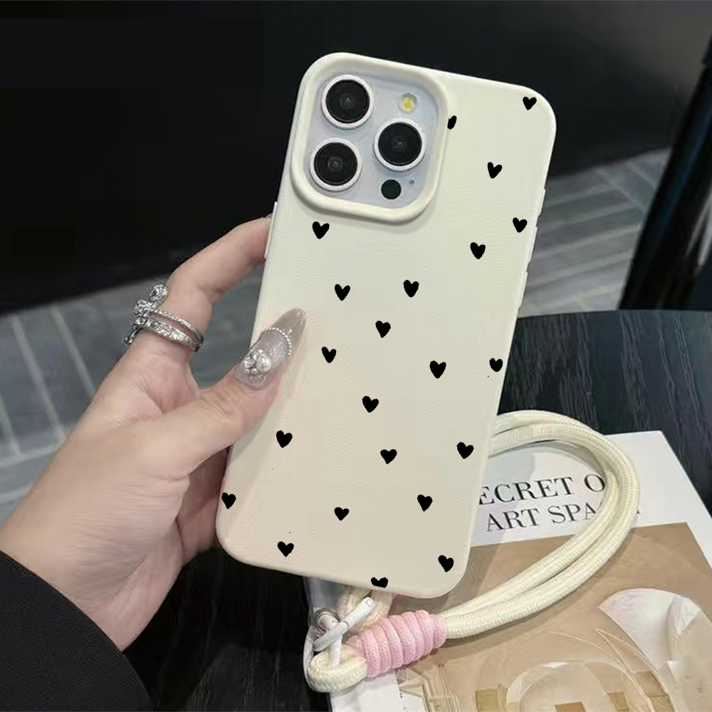 Phone Cases With Straps - 블랙 하트 스트랩 로프 폰 케이스