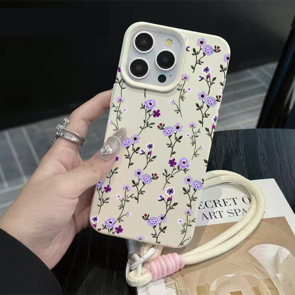 Phone Cases With Straps - 얇은 나뭇가지 모양의 보라색 꽃무늬 스트랩