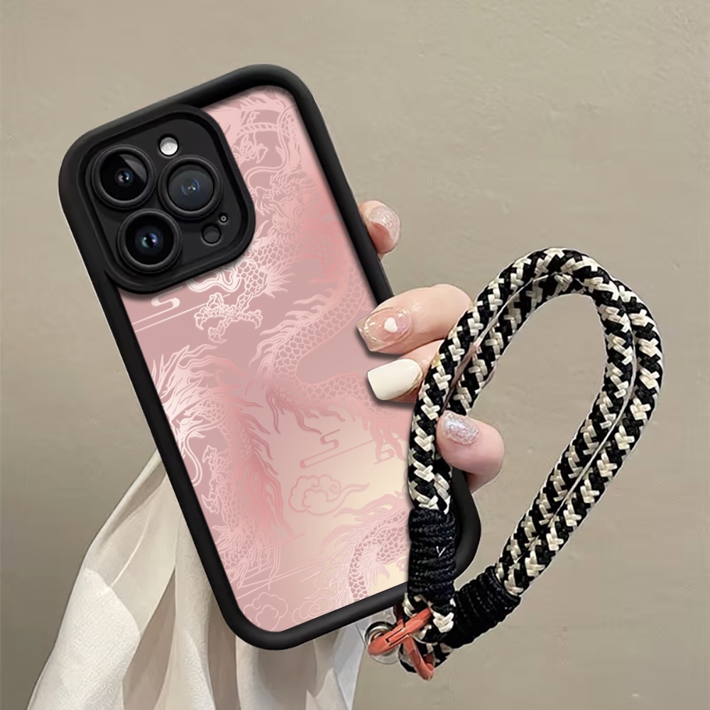 Phone Cases With Straps - 흰색 드래곤 패턴 스트랩 로프 폰