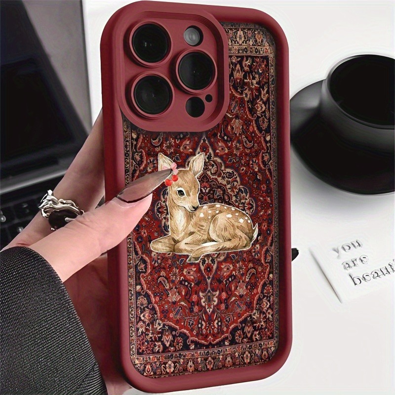 Phone Cases Red Deer - 빈티지 레드 플로럴 사슴 패턴 하이엣지