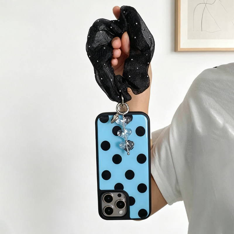블루 블랙 폴카 도트 폰 케이스, 블랙 라인스톤 스크런 - Phone Cases With Charms 리뷰 및 가격